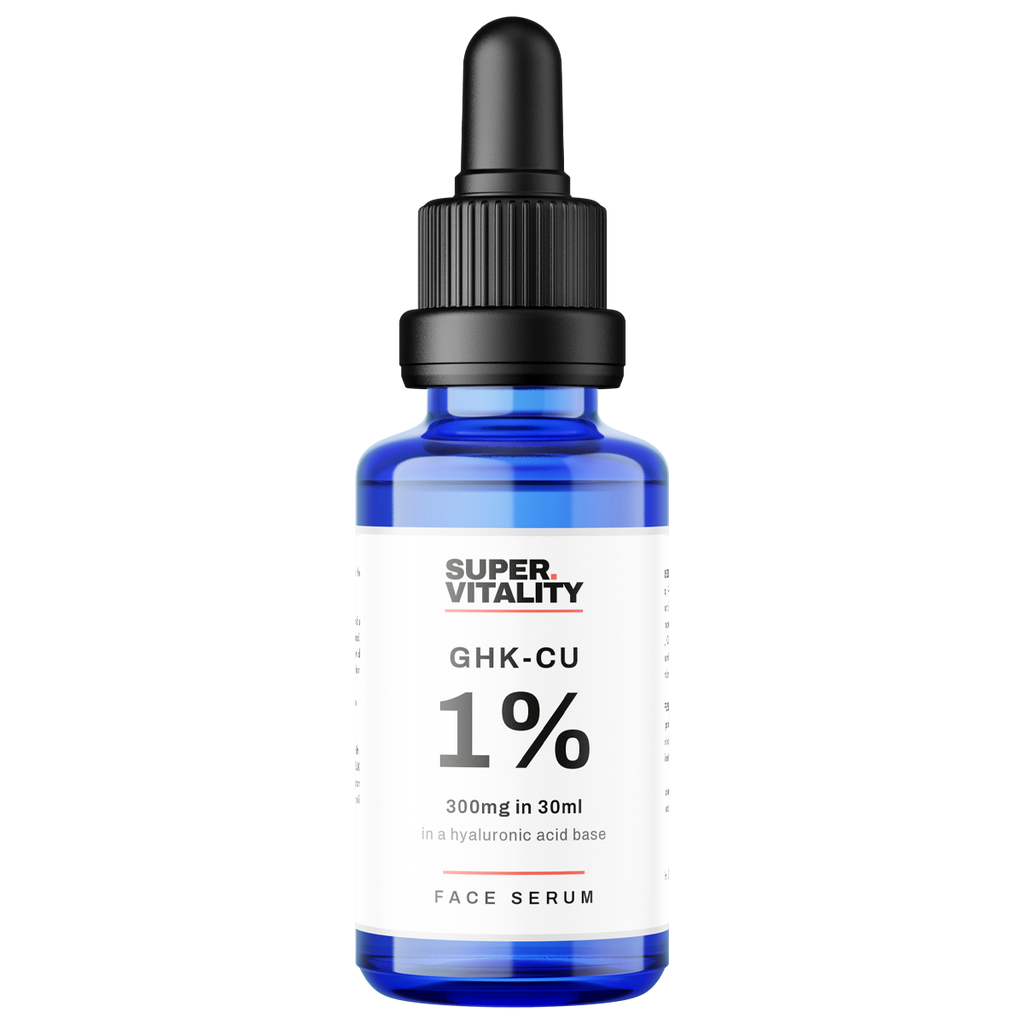 GHK-Cu 1% copper peptide face serum in a 30ml blue glass dropper bottle with a white label