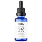 GHK-Cu 1% copper peptide face serum in a 30ml blue glass dropper bottle with a white label