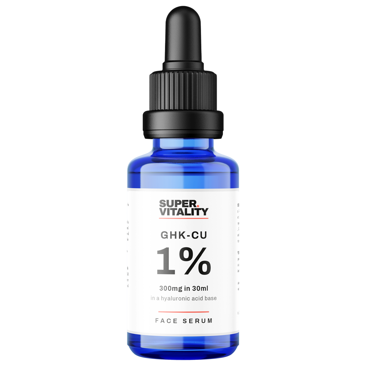 GHK-Cu 1% copper peptide face serum in a 30ml blue glass dropper bottle with a white label