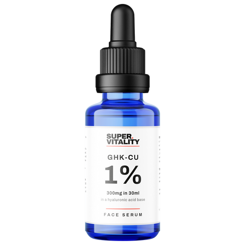 GHK-Cu 1% copper peptide face serum in a 30ml blue glass dropper bottle with a white label